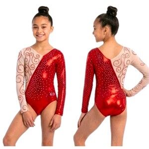 Ozone Competition Leotard Bling Vneck LS Size YL Youth Large NWOT Red 64650